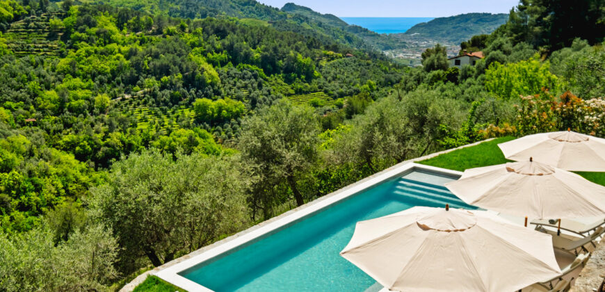Tra le verdi colline di Dolceacqua con piscina e vista mare